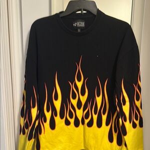 RUDE Black and Yellow Crewneck Sweater with Flame Design